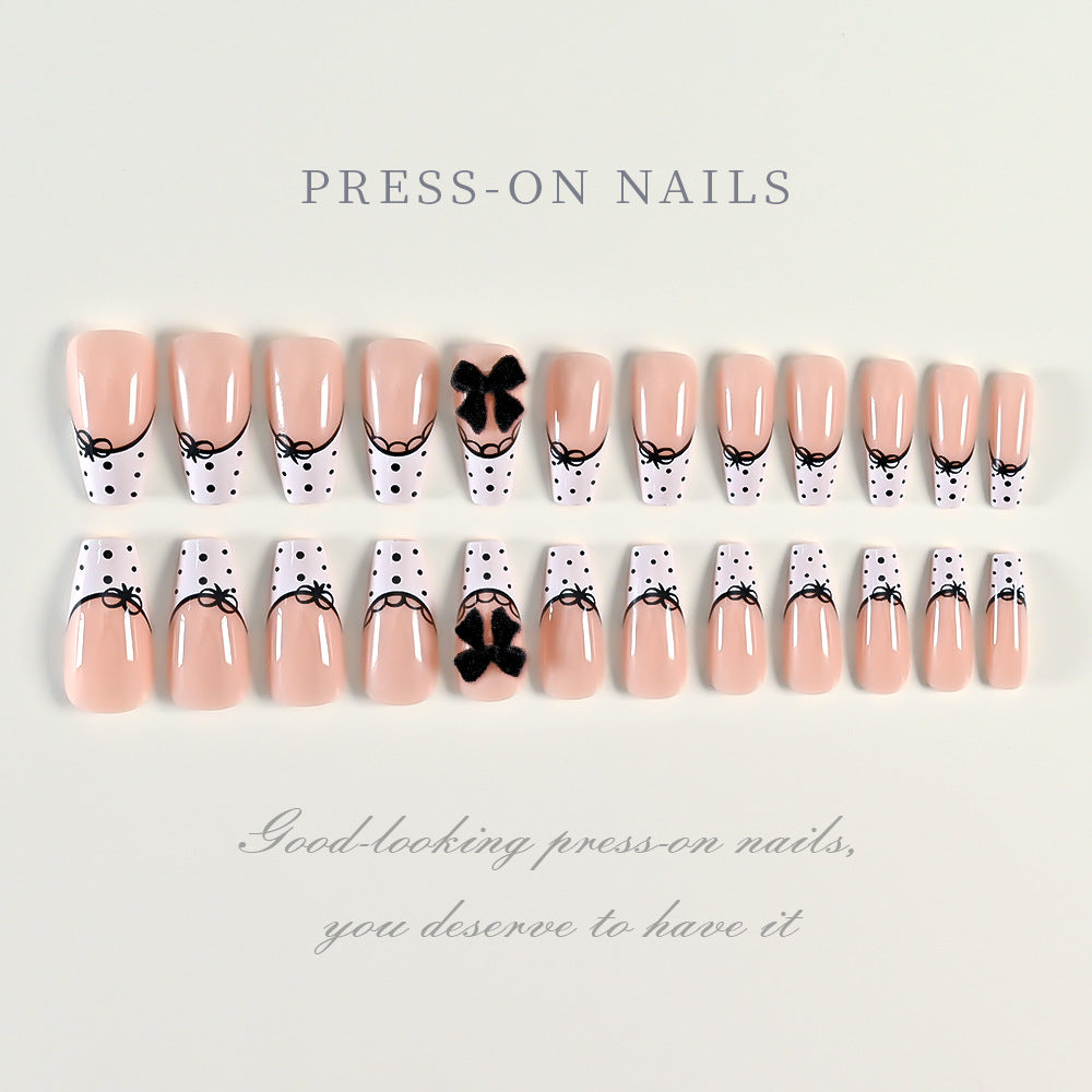 Wholesale 24Pcs Sweet 3D Bow Press On Nails Black White Spotted Nails Fashion Accessory