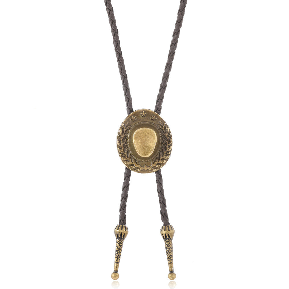 Wholesale Retro Cowboy Bolo Tie Necklace Leather Cord Antique Silver Pendant Men Women Couple Gift Fashion Accessory Resale