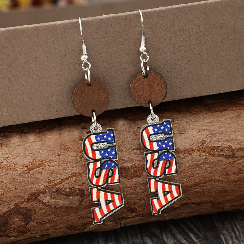 Wholesale  Independence Day Printed USA Acrylic Splicing Wood Pieces Earrings