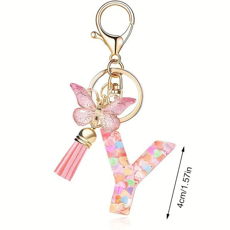 Wholesale Trendy Cute 26 Piece Alphabet Initial Keychain Set With Tassel Butterfly Pendant Bag Charm Gift