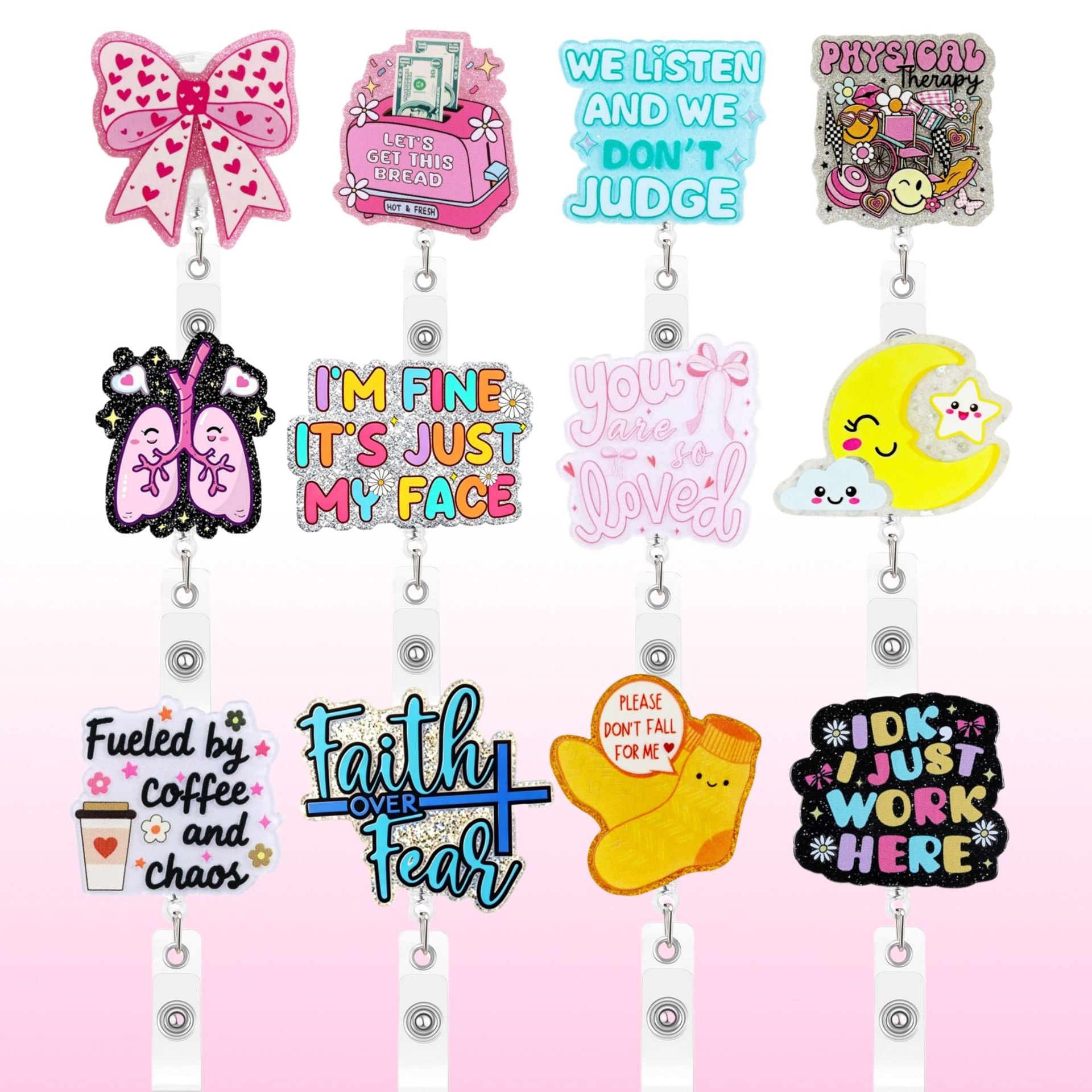 Wholesale Glitter Acrylic Retractable ID Card Holder Heart Design for Girls Fashion Accessory