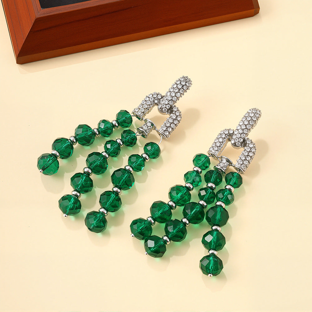 Wholesale Green crystal beaded tassel long light luxury earrings