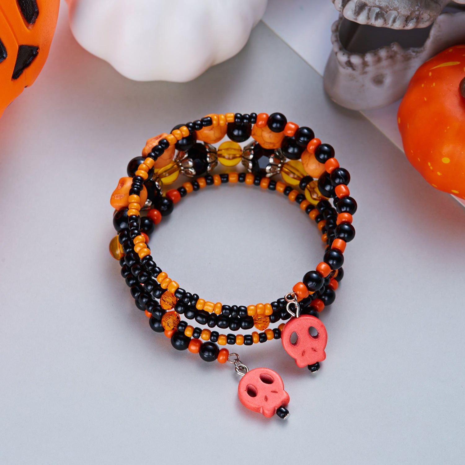 Wholesale Gothic Skull Glass Bead Bracelet Multilayer Red Black Contrast  Fashion Accessory Boutique Resale