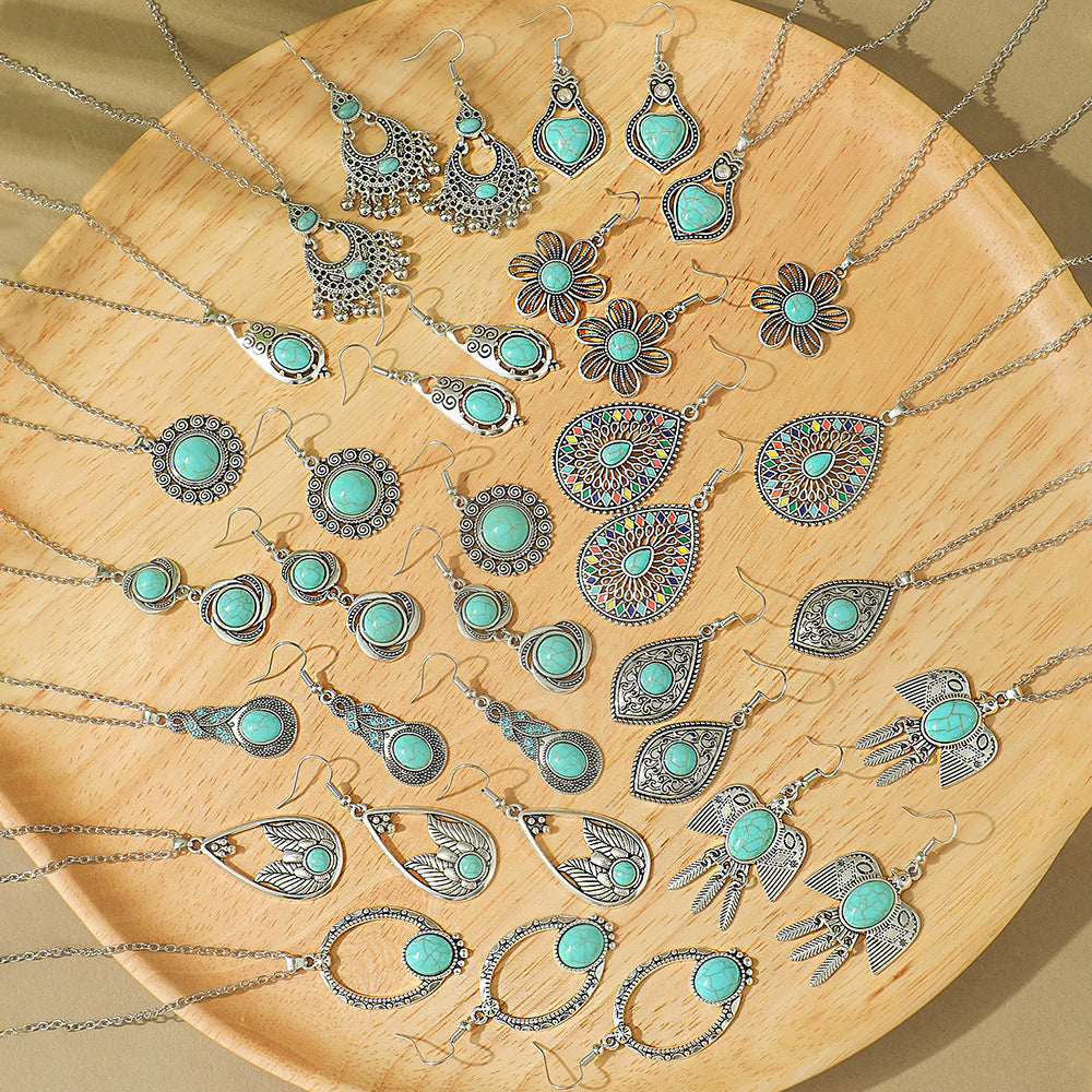 Wholesale Bohemian Turquoise Long Pendant Earrings Set for Party Jewelry Accessory