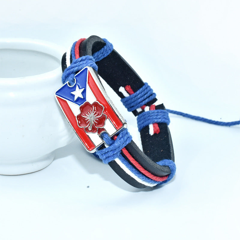 Wholesale European and American style zinc alloy Puerto Rican flag genuine leather bracelet,  men' s hibiscus macadamia flower wholesale woven bracelet