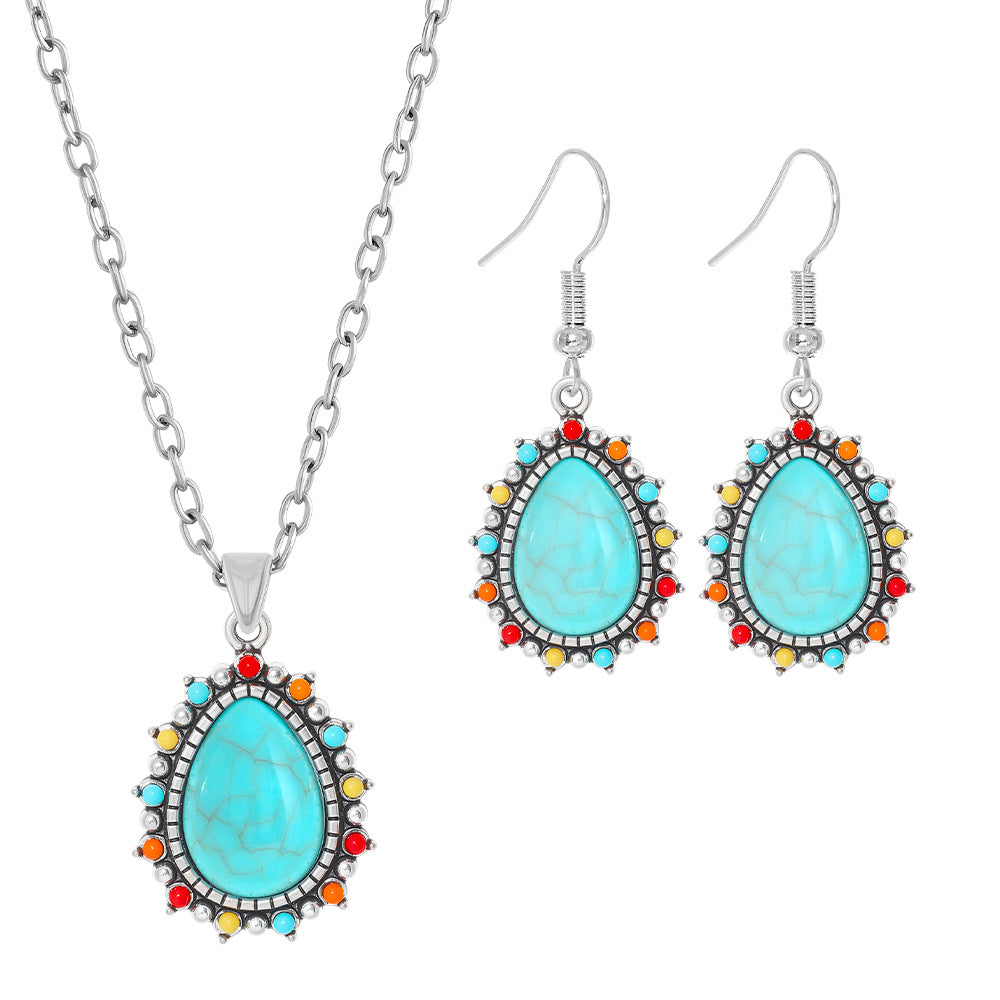 Wholesale Bohemian Retro Turquoise Necklace and Earrings Set - Ethnic Fashion Accessory Gift