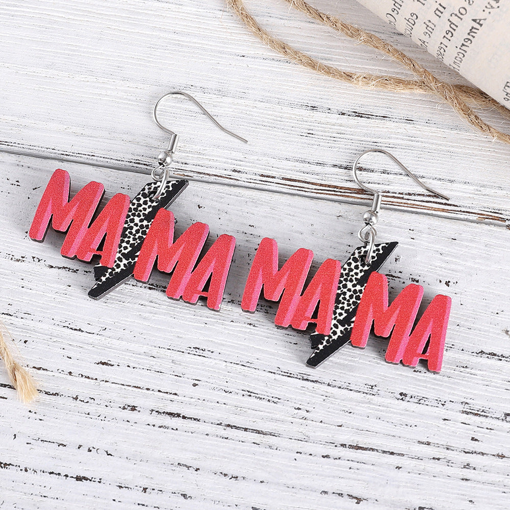 Wholesale Mother' s Day Western Style MAMA Leopard Dairy Lightning Pendant Wooden Double-sided Earrings
