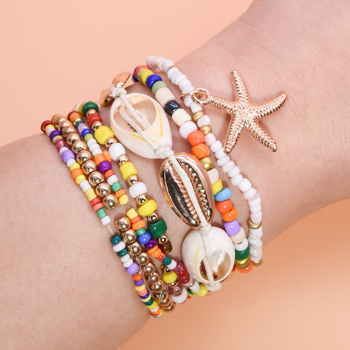 Wholesale Bohemian Beach Style Bracelet Set Summer Dopamine Starfish Rice Beads Shell Bracelet Six-piece Set ACC-BT-Yeb003