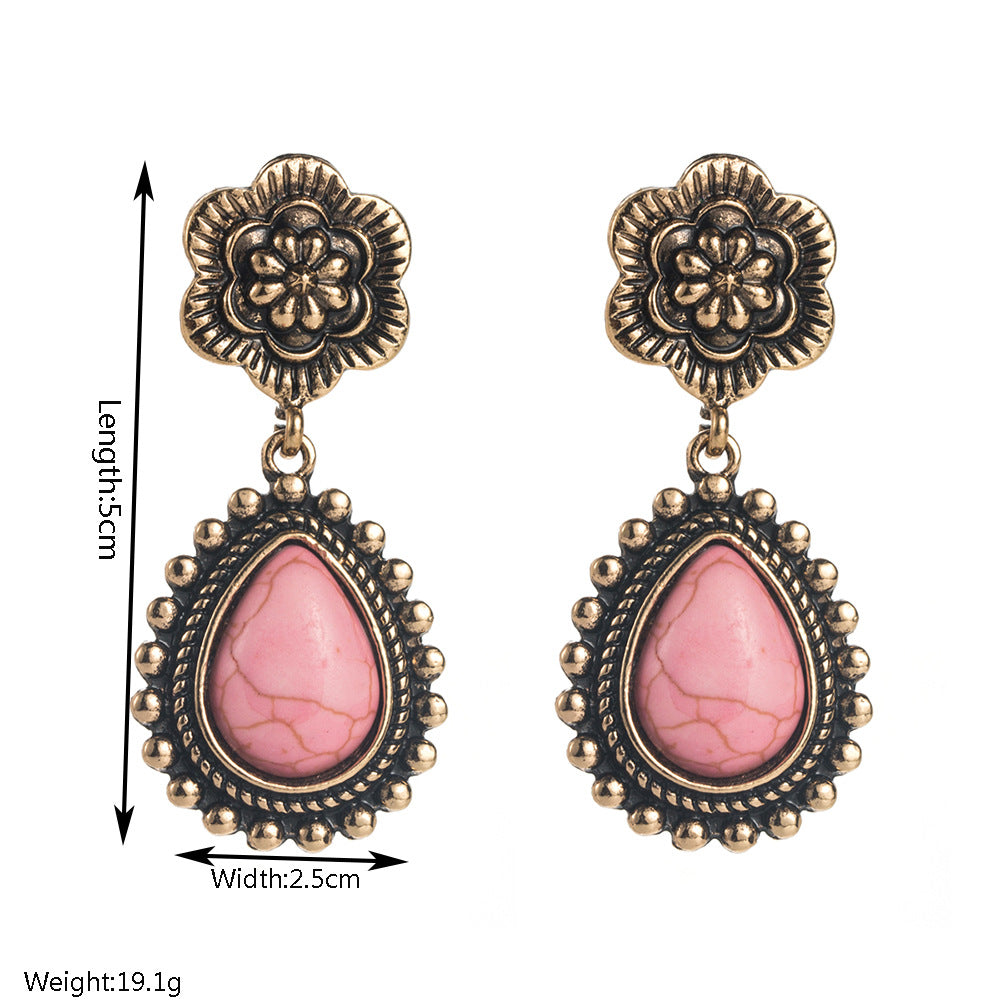 Wholesale Western-style diamond-encrusted turquoise teardrop cross earrings