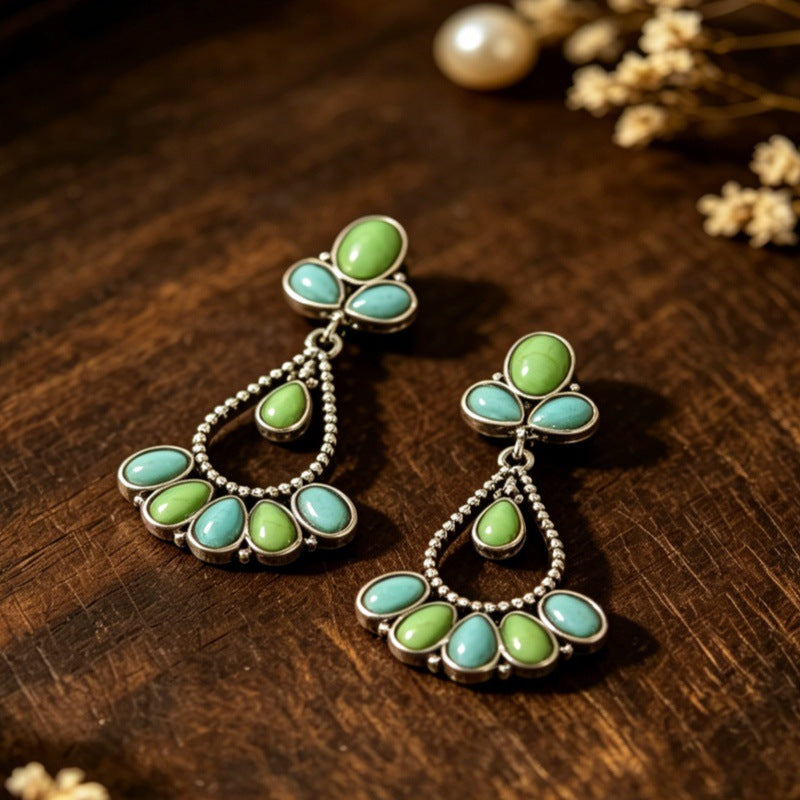 Wholesale Vintage Bohemian Two-Tone Turquoise Teardrop Hollow Earrings Alloy Party Jewelry Accessory