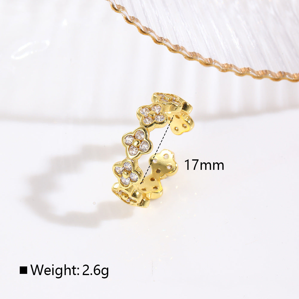 Wholesale Colorful zirconium four-leaf clover flower petal ring