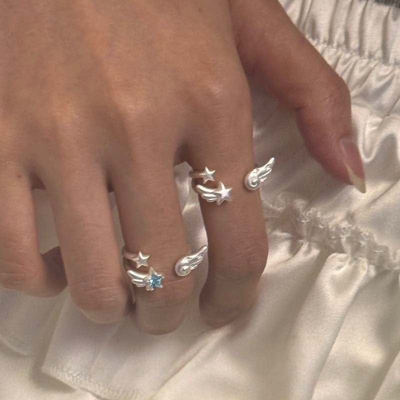Wholesale White Angel Star Wings Ring for Women,  Niche Design,  Sweet and Cool Girl Style,  Cute Adjustable Open Ring for Index Finger