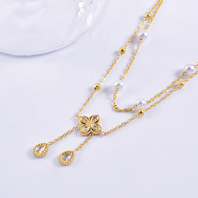 Wholesale  titanium steel  does not fade diamond flower tassel pearl double-layer stacked anklet