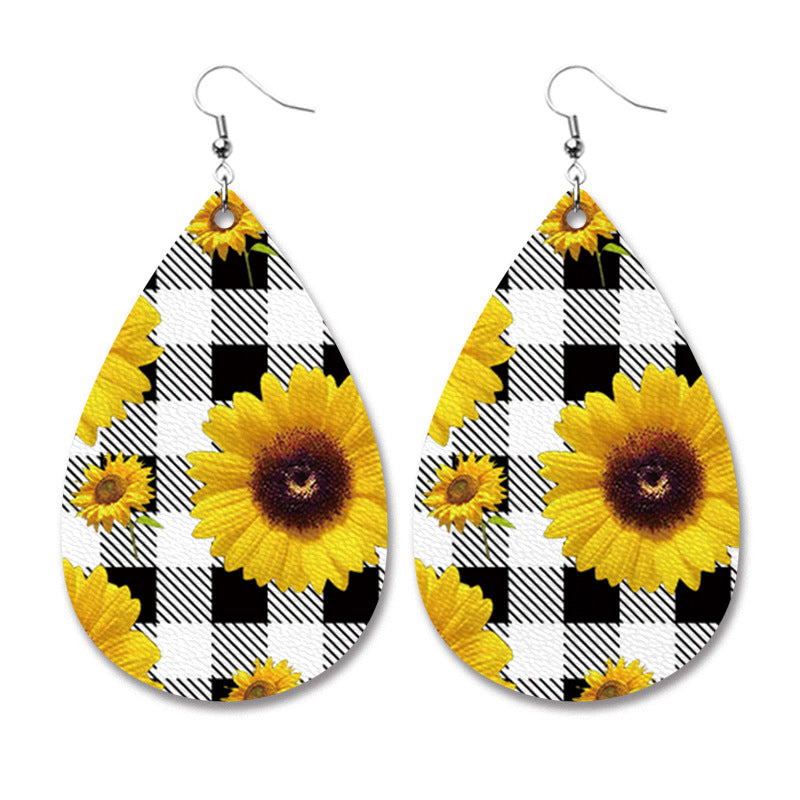 Wholesale 2 Pairs/pack Western Style Sunflower Cow Print Leopard Print Black and White Checkered Leather Earrings ACC-ES-HY069