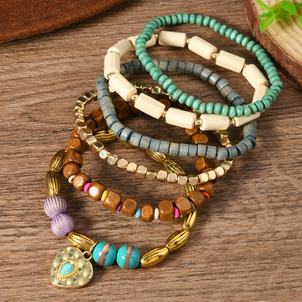 Wholesale 6-piece set wooden beaded leather men's and women's bracelet