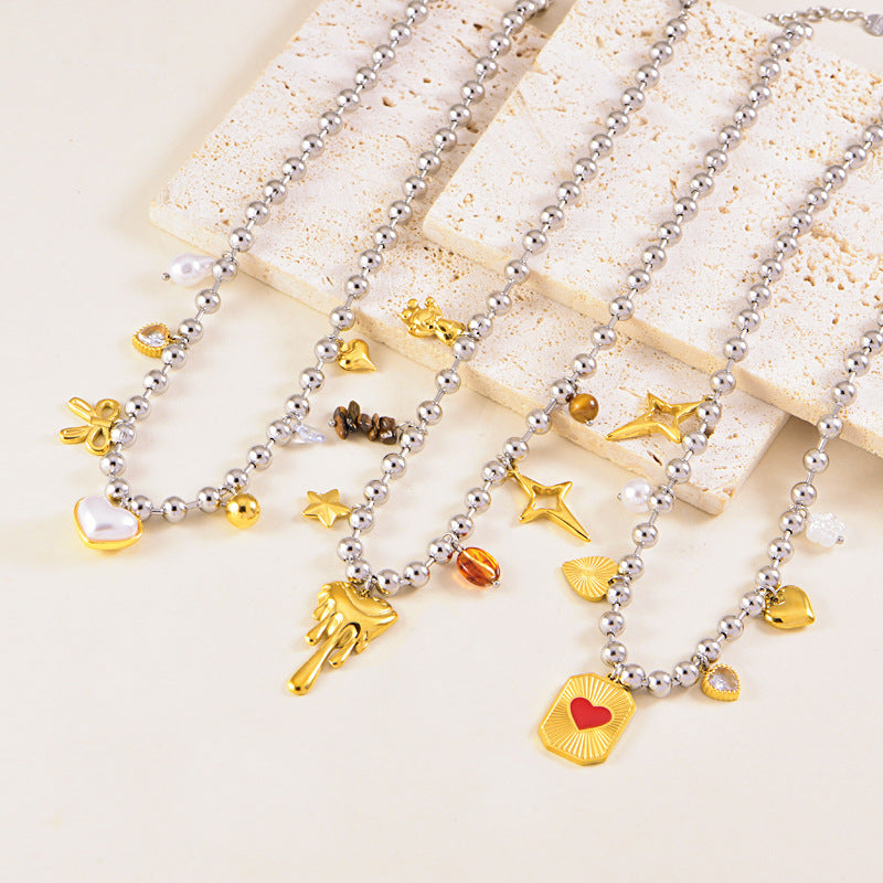 Wholesale Stainless steel two-color mix-and-match beaded thick necklace