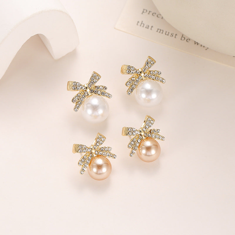 Wholesale Bow Pearl Full Diamond Earrings