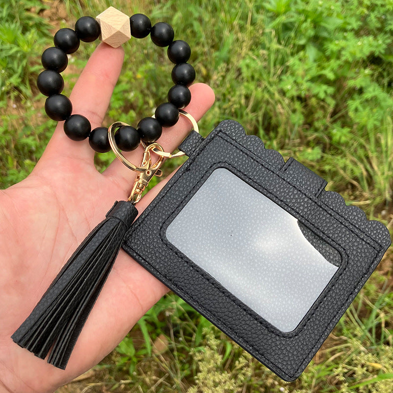 Wholesale Leopard Plaid Western Style Card Holder Silicone Beaded Wristlet Keychain ACC-KC-QiuXue011