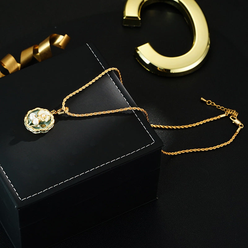 Wholesale  Green Oil Painting Style Natural Freshwater Drop Flower Round Pendant Necklace