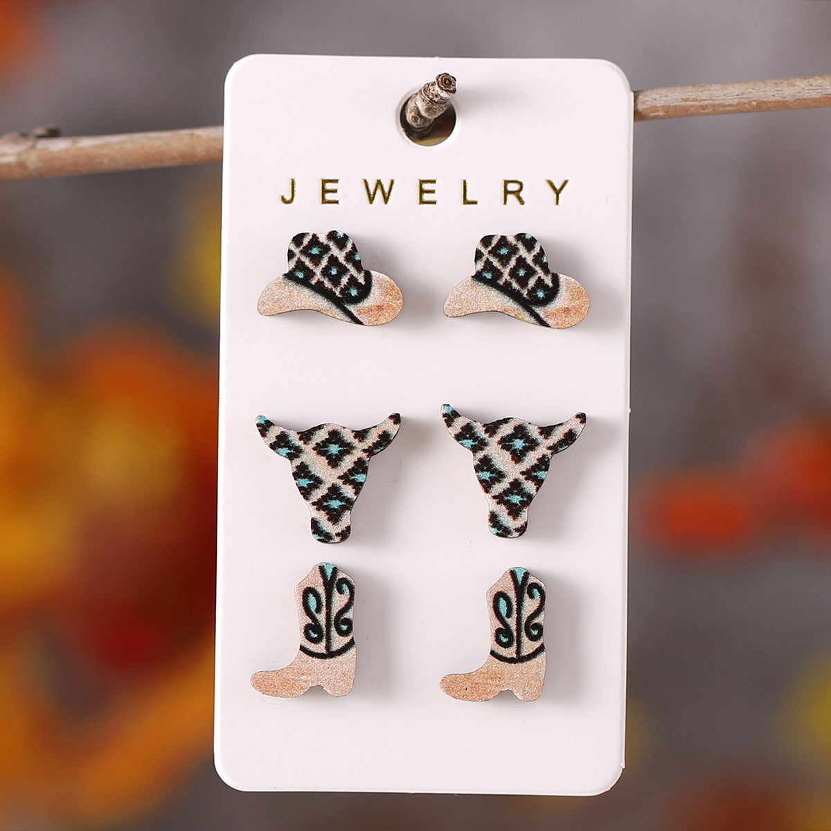 Wholesale Western Ethnic Style Bull Head Boots Earrings Set Wooden Earrings ACC-ES-ChuLian103