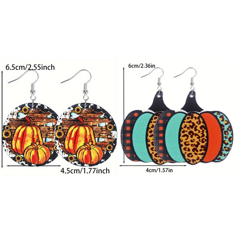 Wholesale Thanksgiving Round Summer Pumpkin Maple Leaf Leopard Print Striped  Women's Leather Earrings