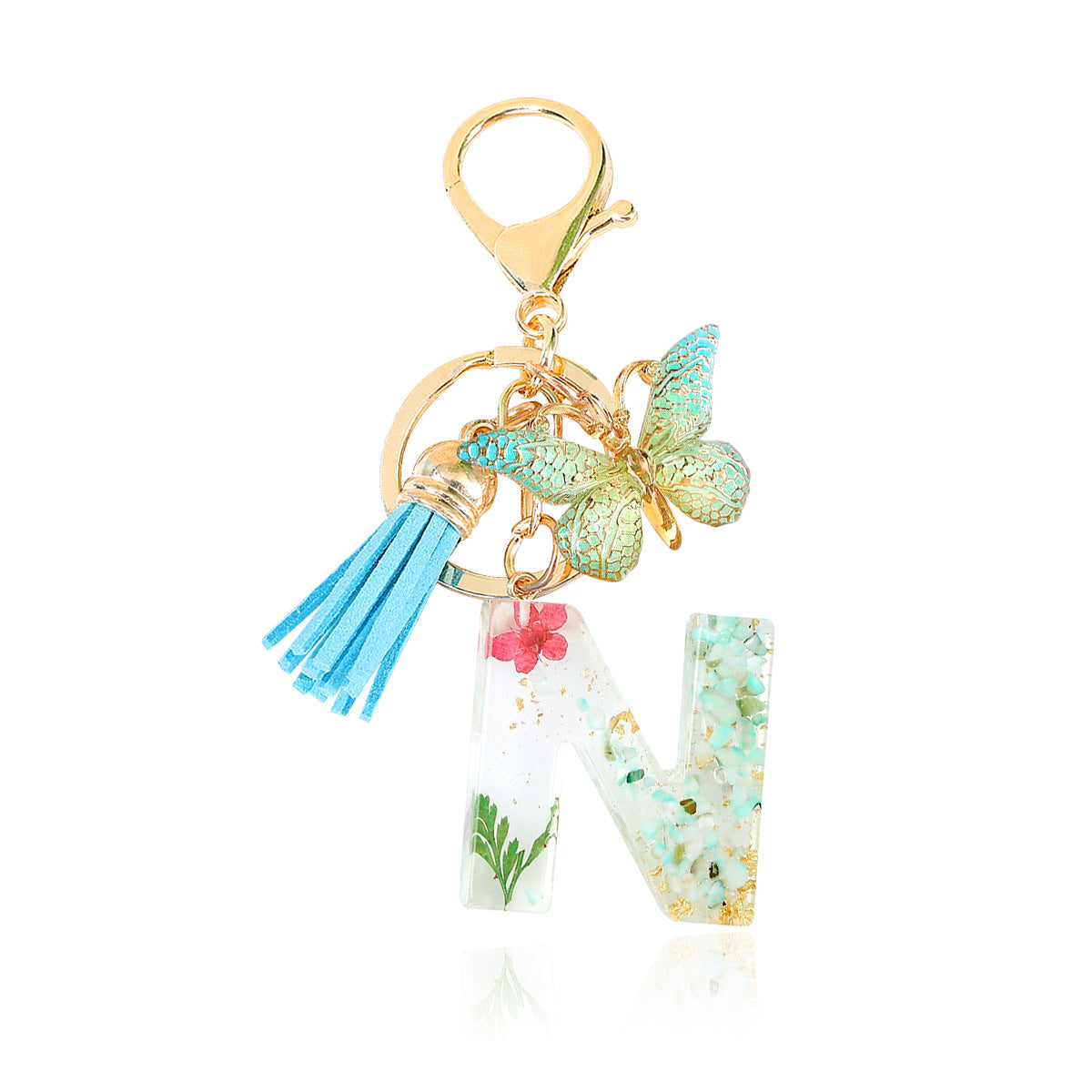 Wholesale Epoxy Green English Letter Dried Flower Crystal Keychain
