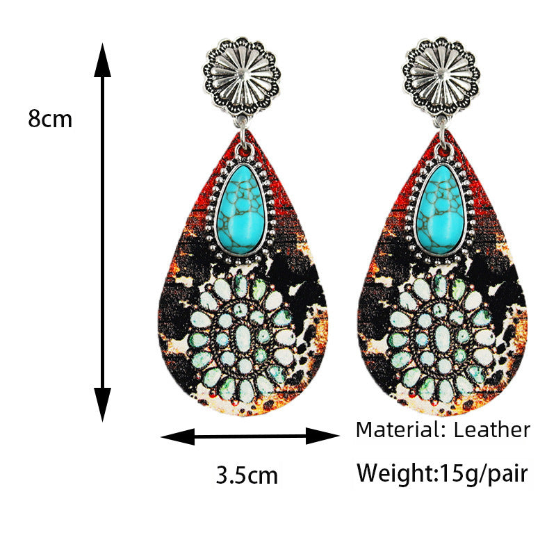 Wholesale Drop-type leather earrings turquoise pendant retro ethnic style fashion earrings