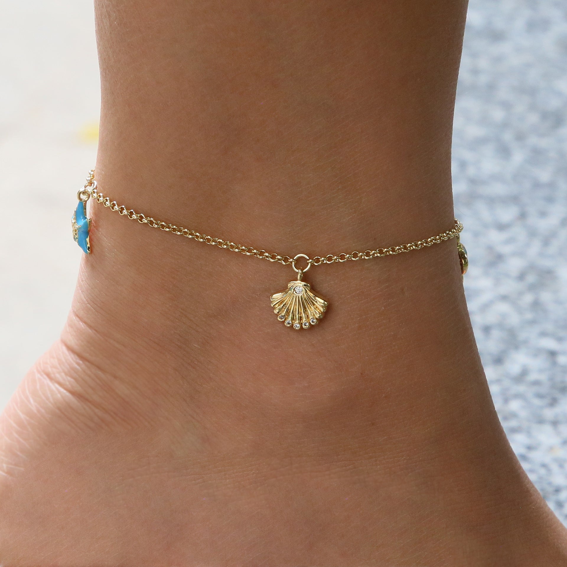 Wholesale Ocean Summer Full Diamond Zirconia Necklace with Small Fish,  Blue Starfish,  Conch Shell Multi-layer Anklet