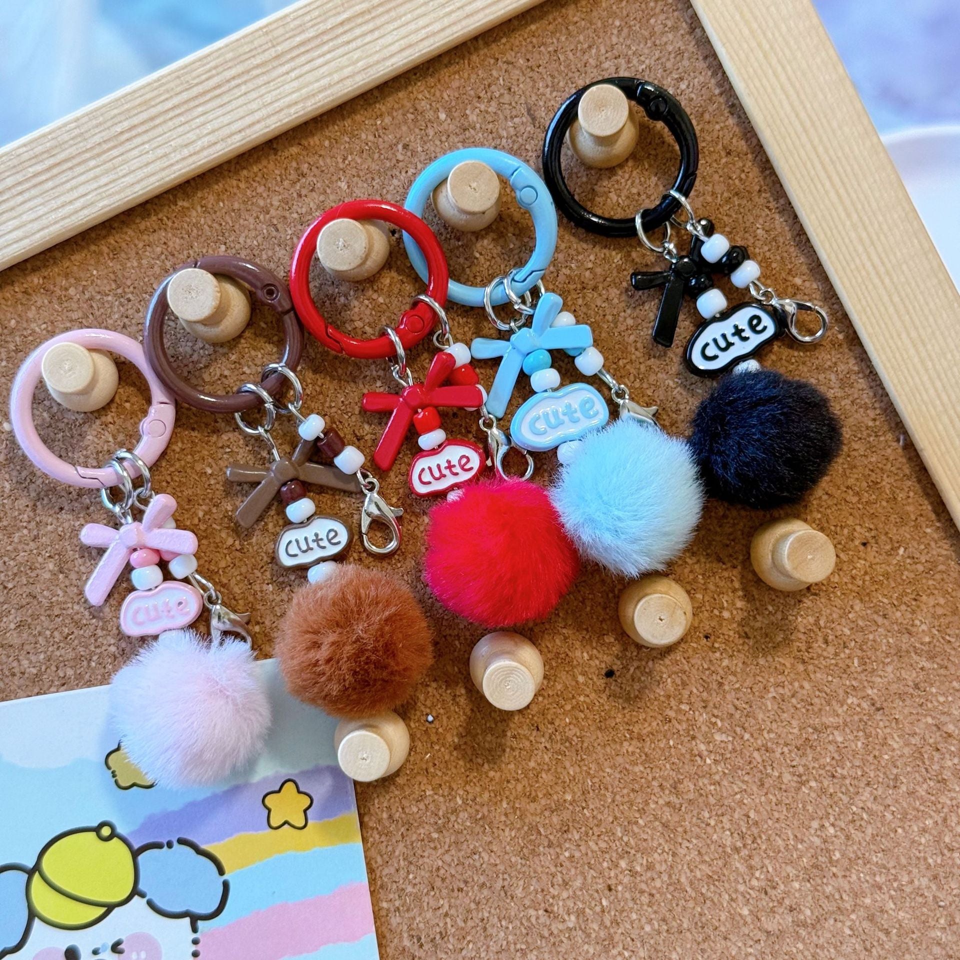 Wholesale Stylish DIY Cute Keychain Craft Kit Metal Lobster Clasps Beads Pom Poms Bows For Bag Charm Car Key Accessory Boutique Resale