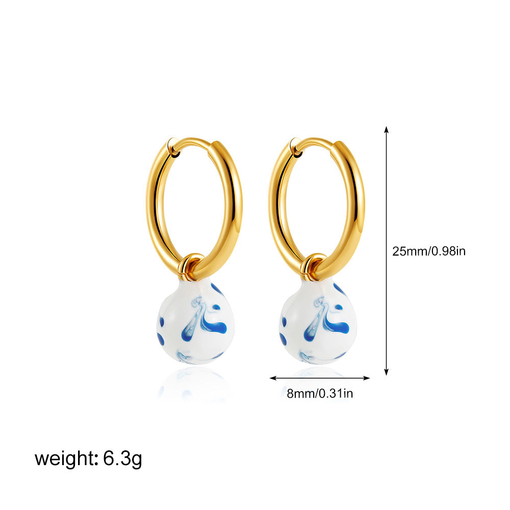 Wholesale Blue and White Porcelain Stainless Steel Colored Enamel Oil Earrings