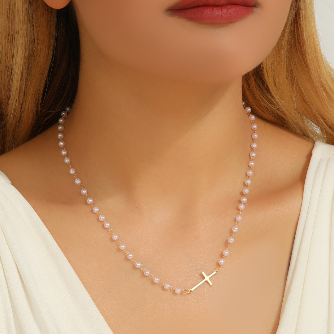 Wholesale Electroplated Alloy Cross Pearl Necklace European Style Women' s Jewelry Accessory