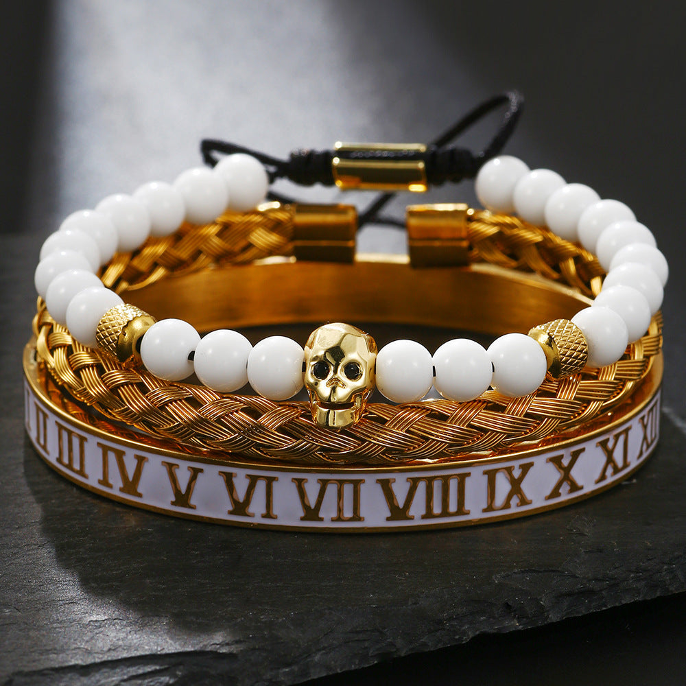Wholesale Zircon Skull Crown Stainless Steel White Oil Drop Roman Numeral Bracelet Set