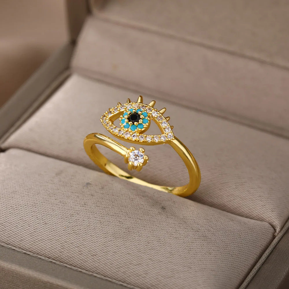 Wholesale Evil Eye Adjustable Ring Gold Plated Stainless Steel Zircon Jewelry Accessory