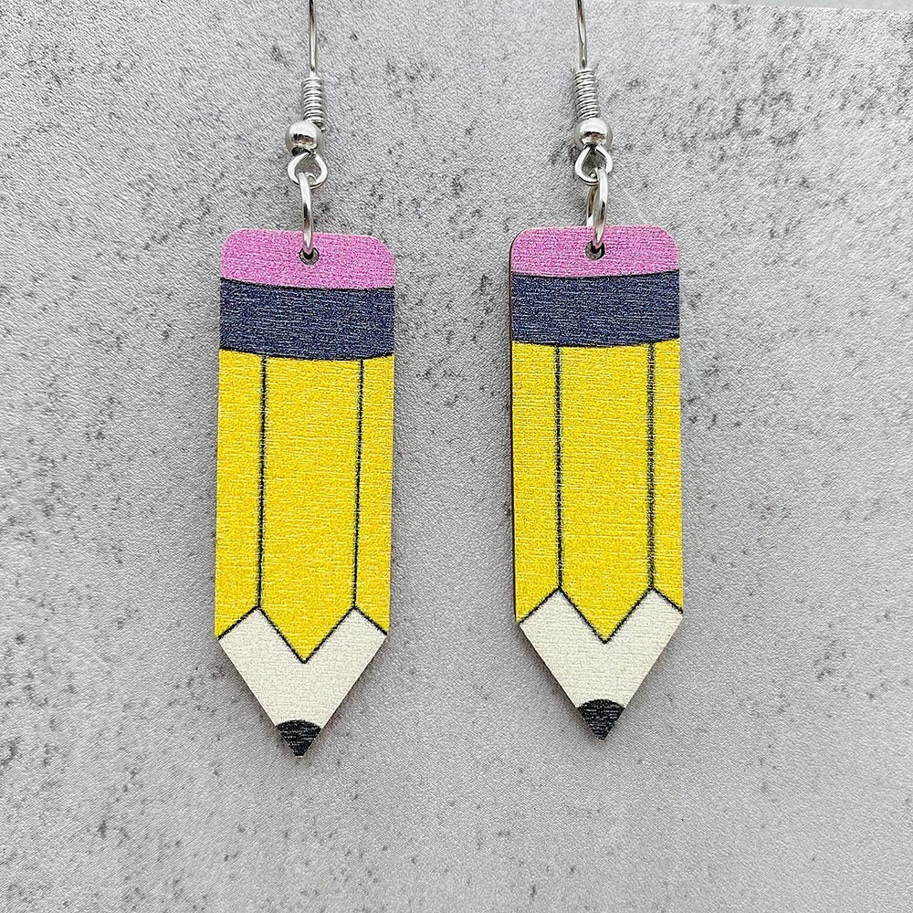 Wholesale Wooden Leopard-Print Pencil  Crayon  and Scissors Earrings