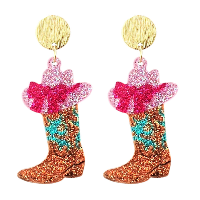 Wholesale 2pairs/pack Western Sparkling Earrings Cowboy Word Sunset Bull Head Boots Earrings