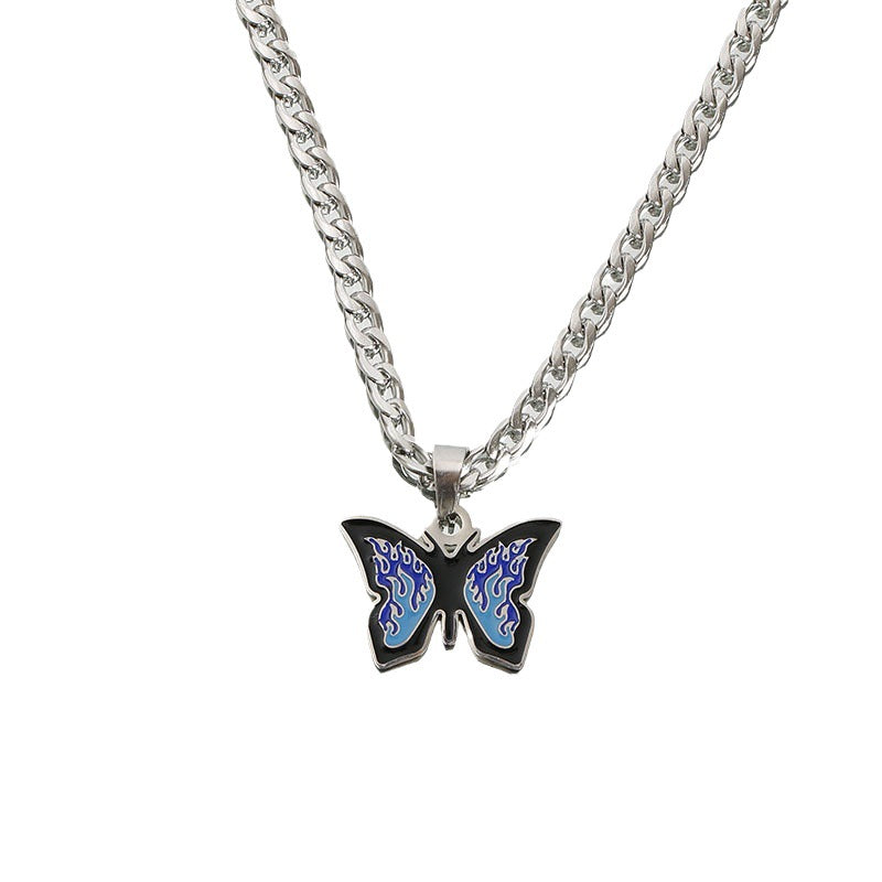 Wholesale Blue Titanium Steel Butterfly Necklace