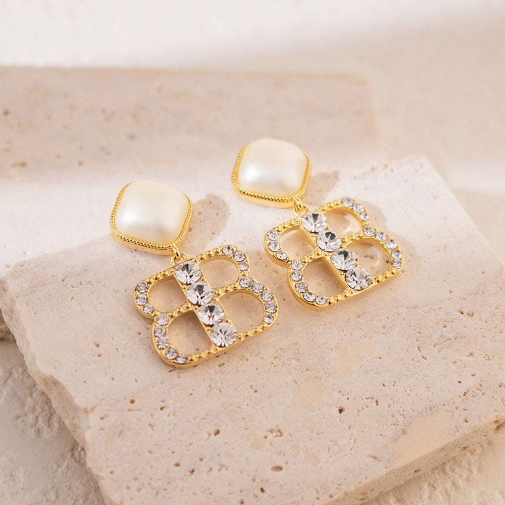 Wholesale Silver Needle French Zircon Letter Pearl Earrings