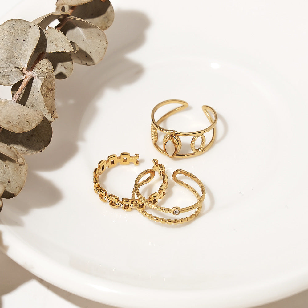 Wholesale  Light Luxury Inlaid Zircon Personalized Stainless Steel Oval Hollow Opening Adjustable Ring