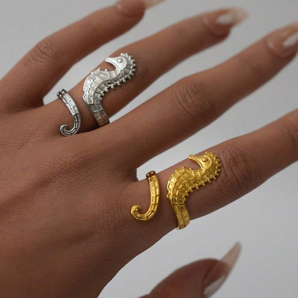 Wholesale Stainless Steel Seahorse Ring Ocean Resort Style Trendy Jewelry Accessory