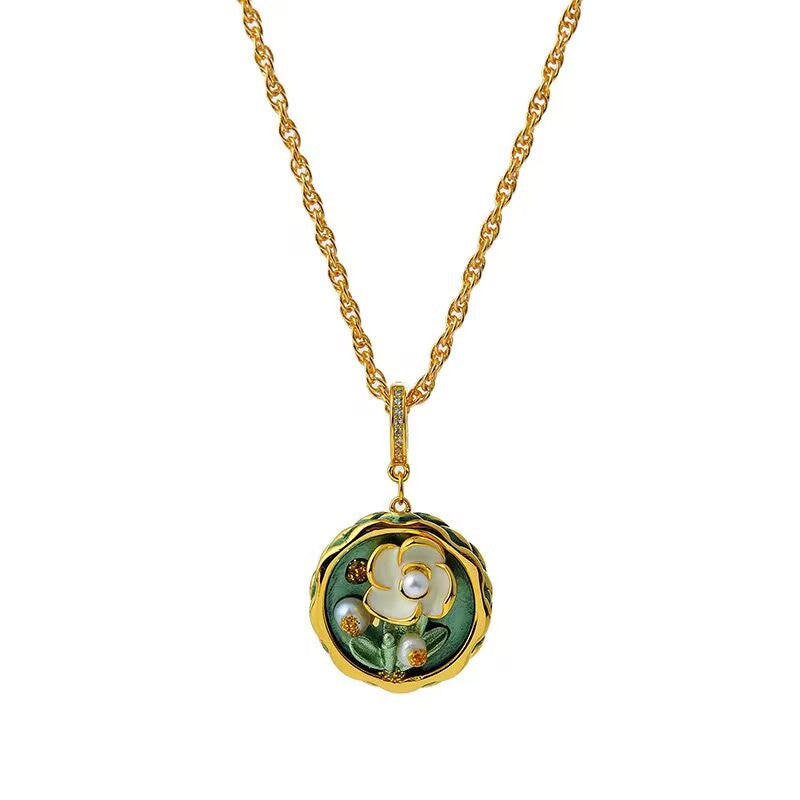 Wholesale  Green Oil Painting Style Natural Freshwater Drop Flower Round Pendant Necklace