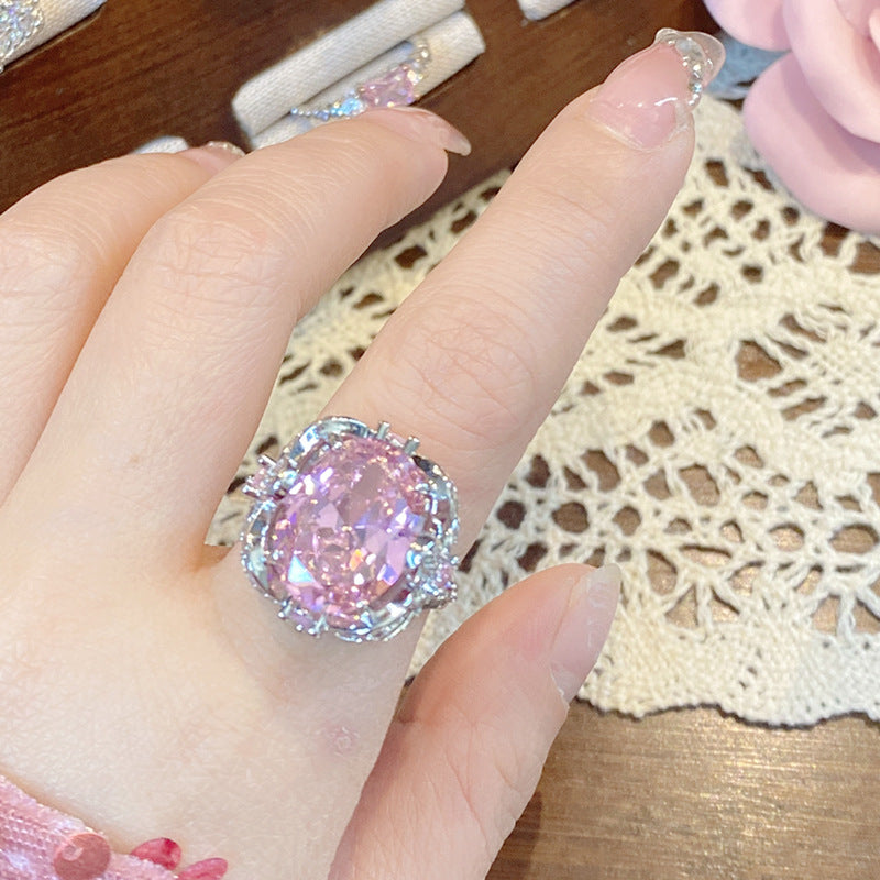 Wholesale Luminous Pink Gemstone Ring 18K Gold Plated Sweet Ring Adjustable Rings ACC-RS-GeLeisi001