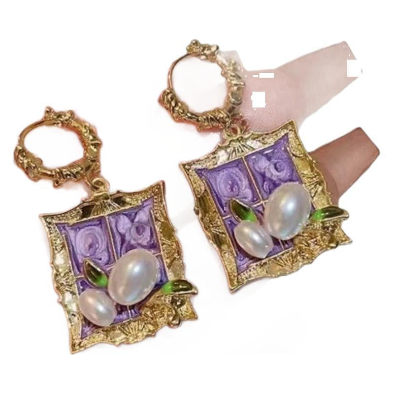 Wholesale Vintage Baroque Green Flower Earrings Alloy Dripping Glaze Fashion Accessory