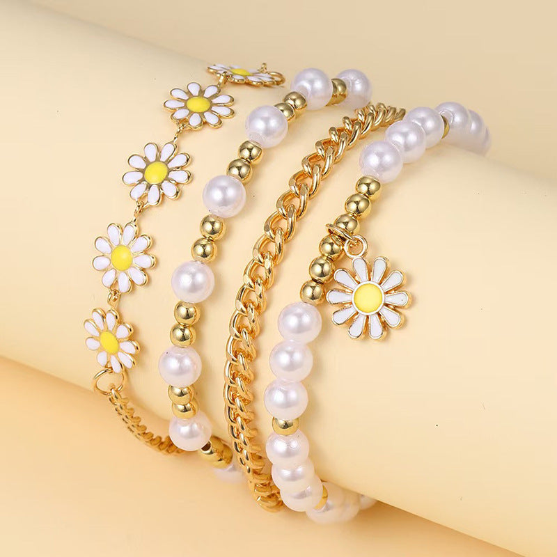 Wholesale Bohemian Beach Bracelet Set 4-Piece Handmade Gold Bead Pearl Fashion Accessory for Everyday Wear Boutique Resale