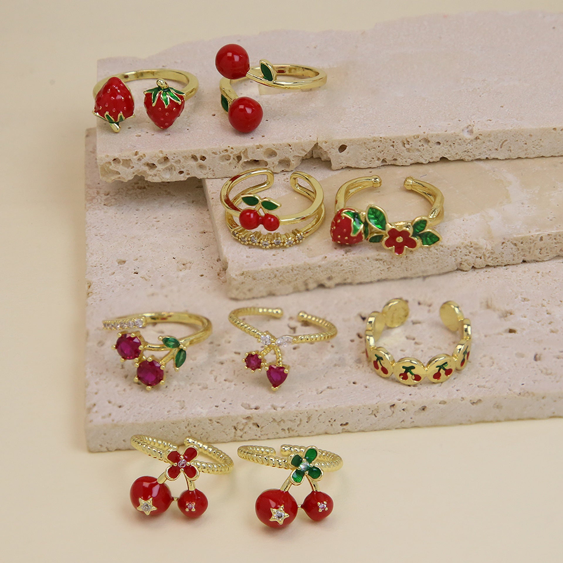 Wholesale 18k Brass Oil Dropping Color Preservation Fruit Series Red Cherry Strawberry Ring
