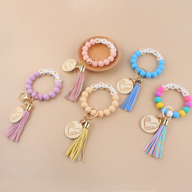 Wholesale Cartoon Love Wooden Brand MAMA Silicone Beaded Wrist Keychain ACC-KC-GuangTian026