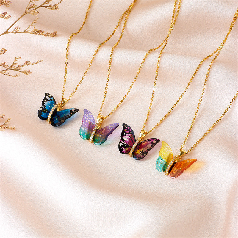 Wholesale Titanium Steel Necklace Epoxy Color Butterfly Pendant Clavicle Chain Choker Necklace ACC-NE-Rongc008