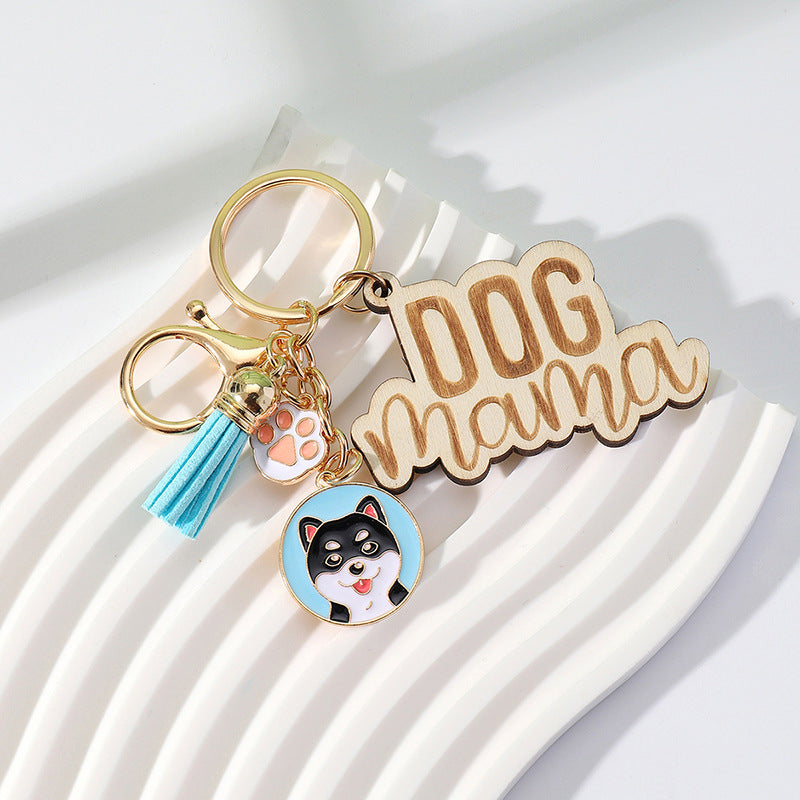 Wholesale Colorful DOG MAMA Tassel Wood Keychain Mother's Day ACC-KC-HuiWen012