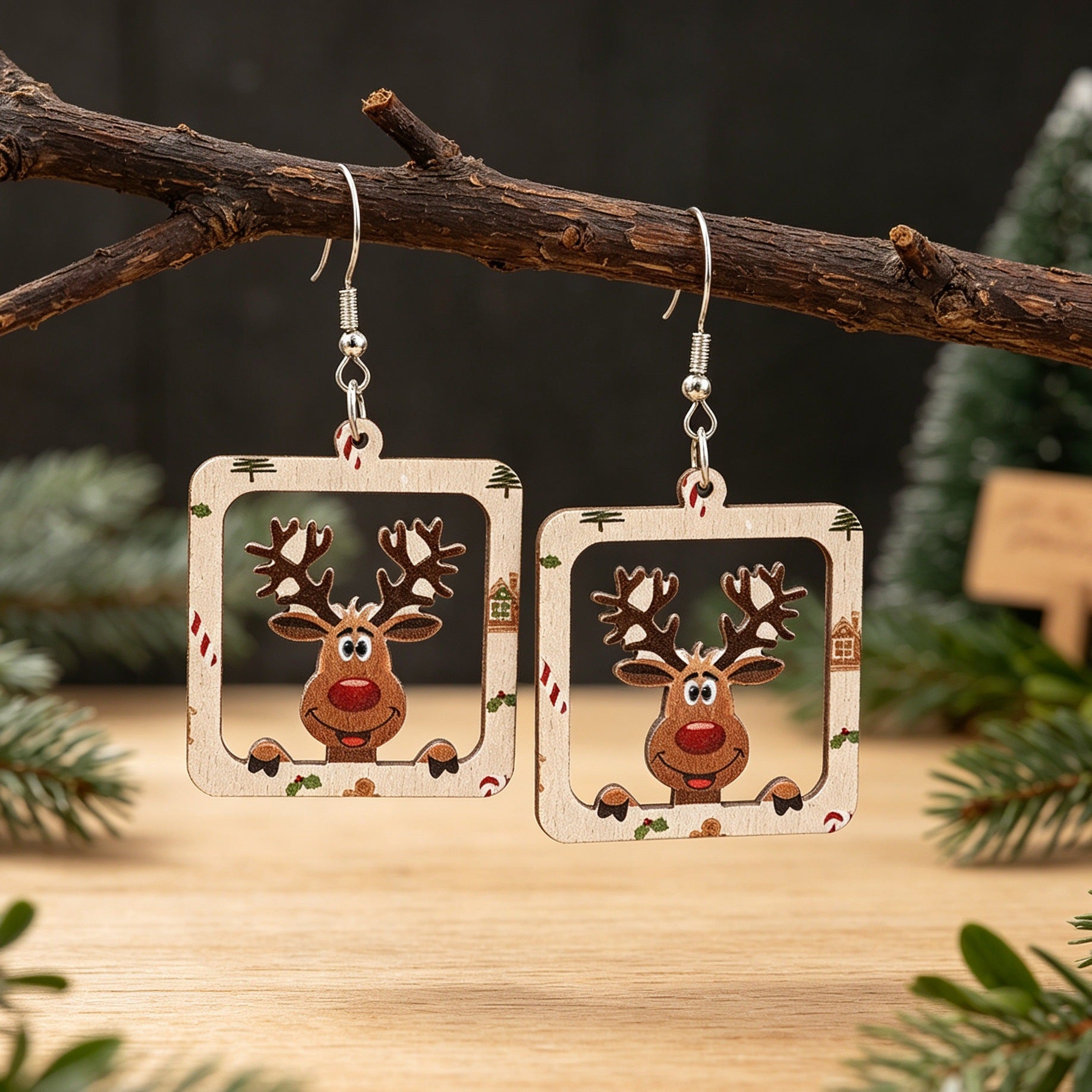 Wholesale Christmas Wooden Earrings Hollow Square Frame Santa Reindeer Print Party Jewelry Accessory