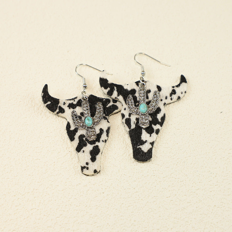 Wholesale Retro cow head leopard print cow pattern PU leather f alloy earrings