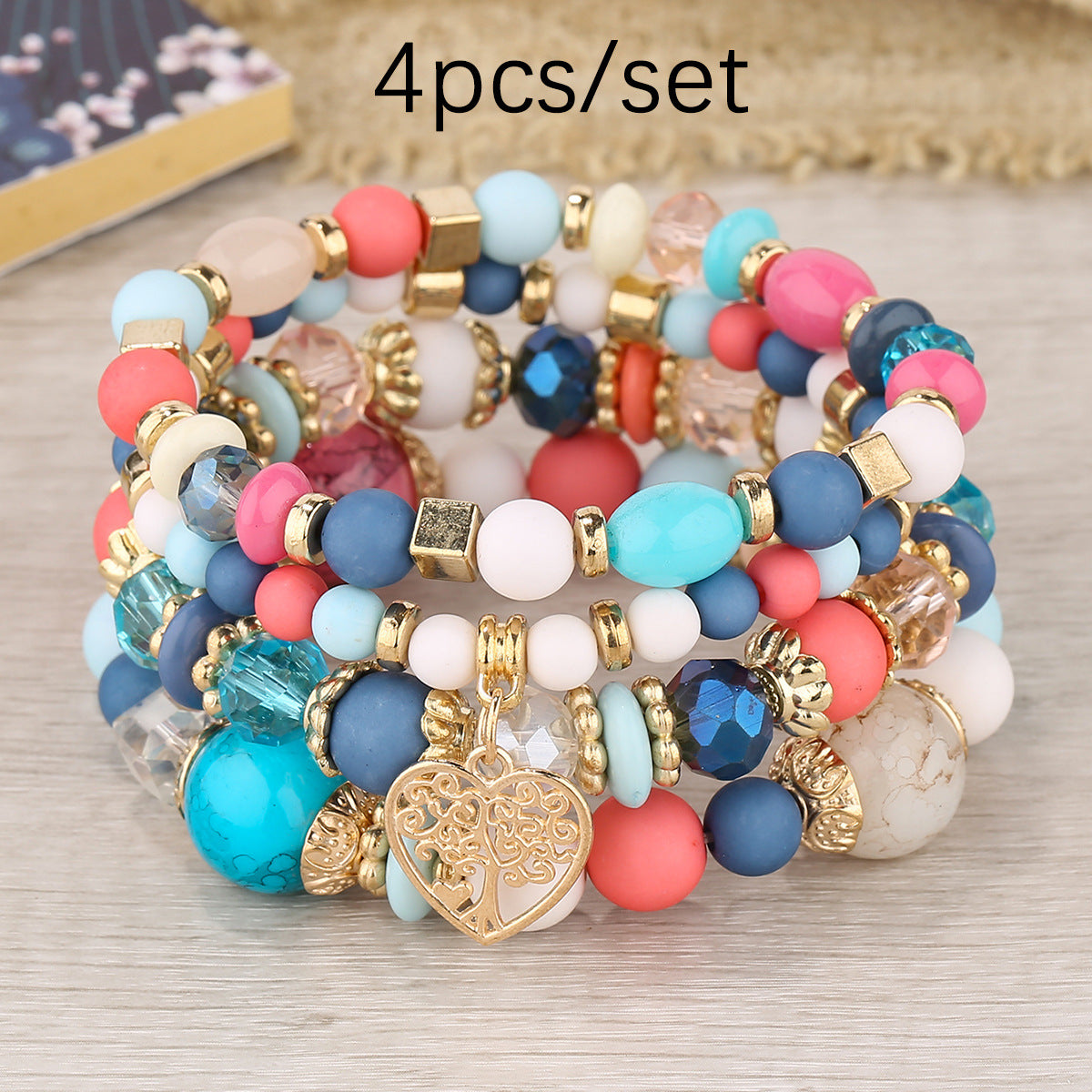 Wholesale Coffee Glass Bead Bohemian Bracelet Set Heart Pendant Tassel Jewelry
